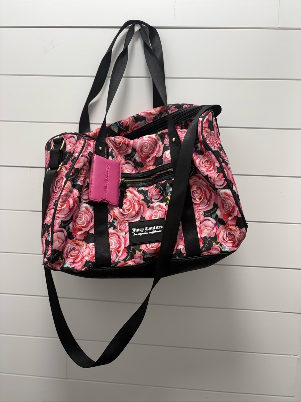 Juicy Couture Pink Rose Print Travel Tote with Black Straps